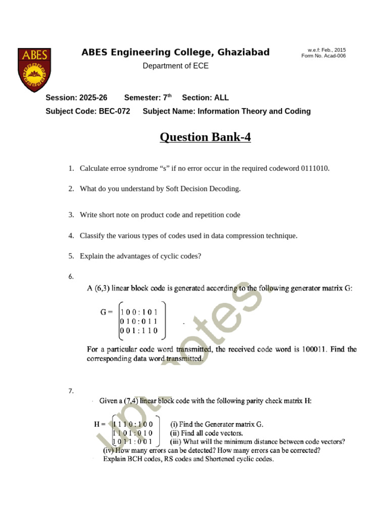 Information Theory & Coding Question Bank | PDF