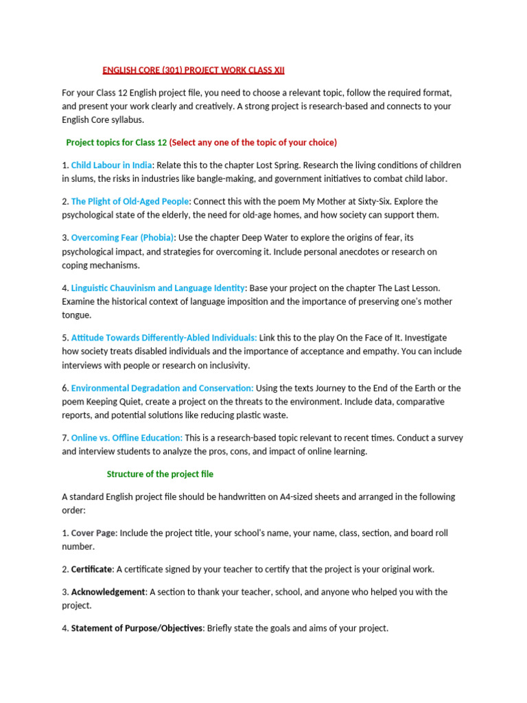 Class 12 English Project Guidelines | PDF | Fear