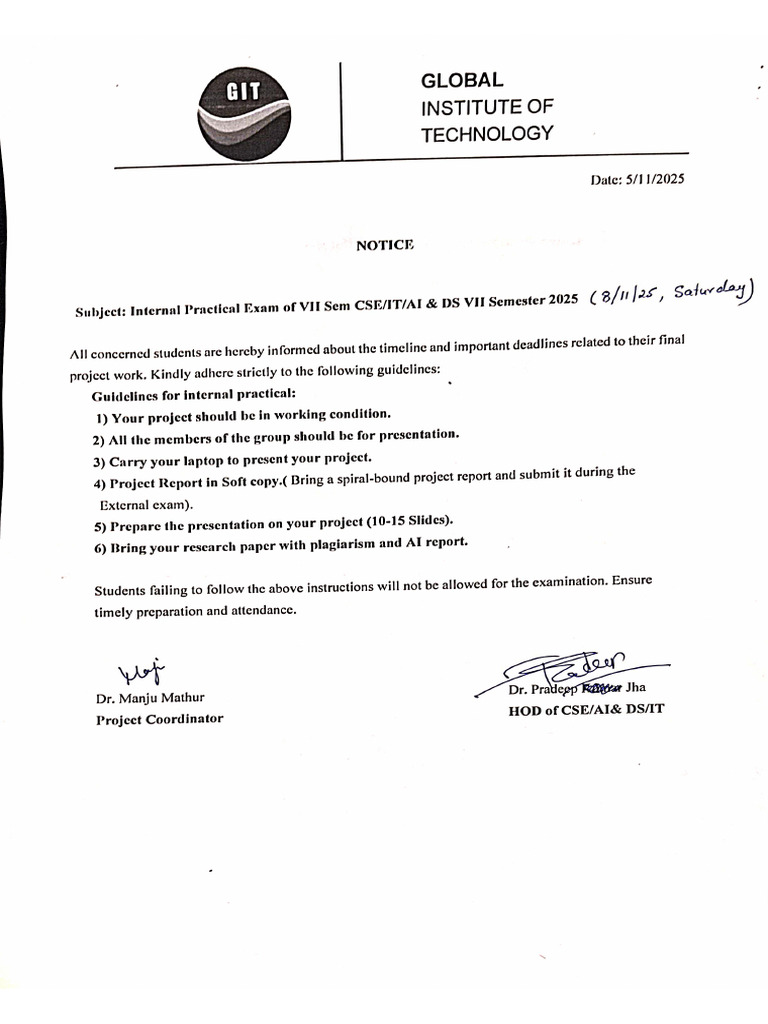 Notice for Internal Practical of Project | PDF