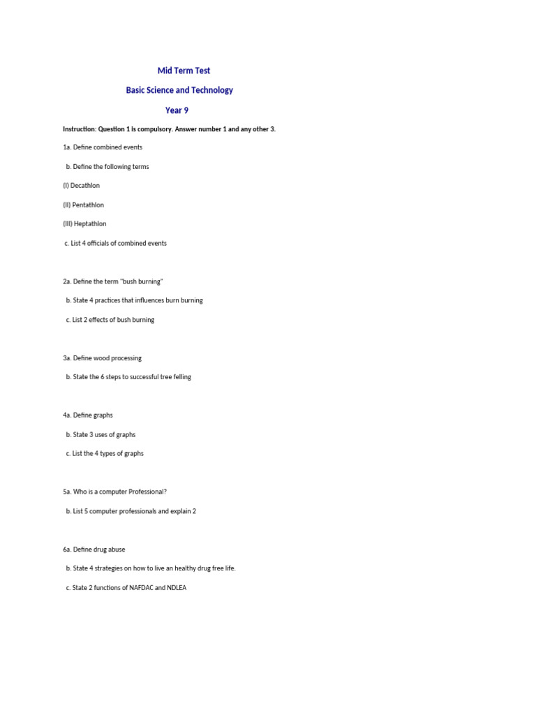 Year 9 Basic Science & Technology Test | PDF