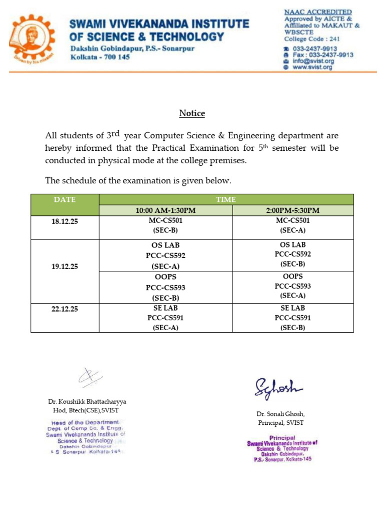 CSE 5th Semester Practical Exam Schedule | PDF
