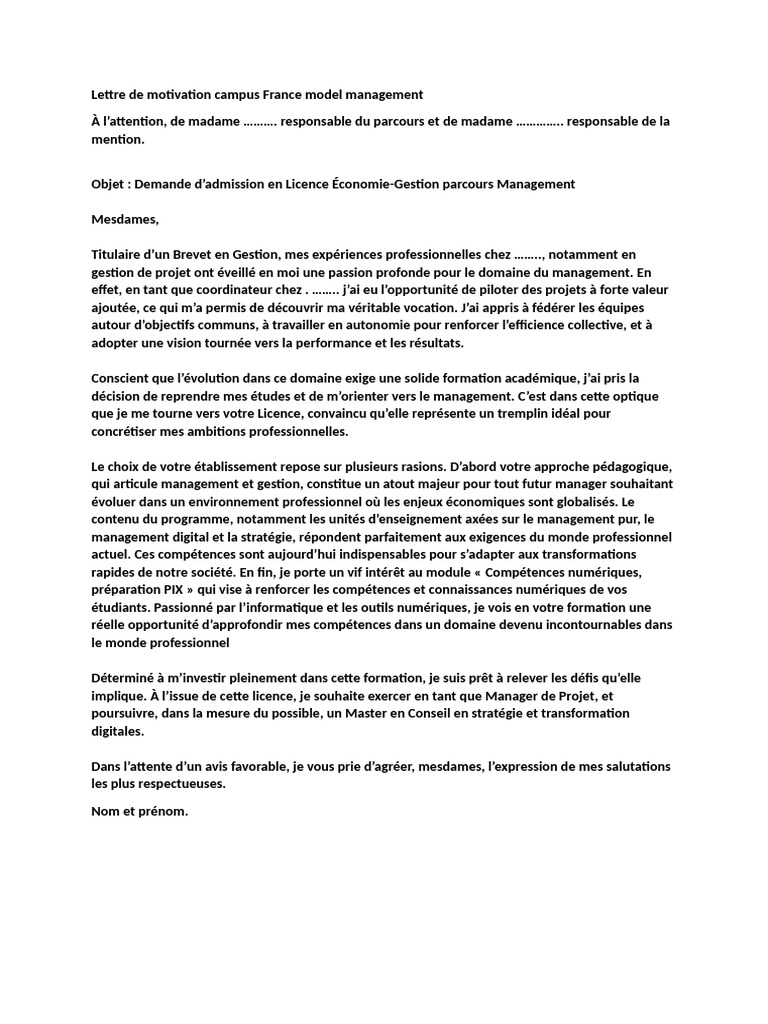 Lettre de motivation Licence Management | PDF | Motivation | Motivant