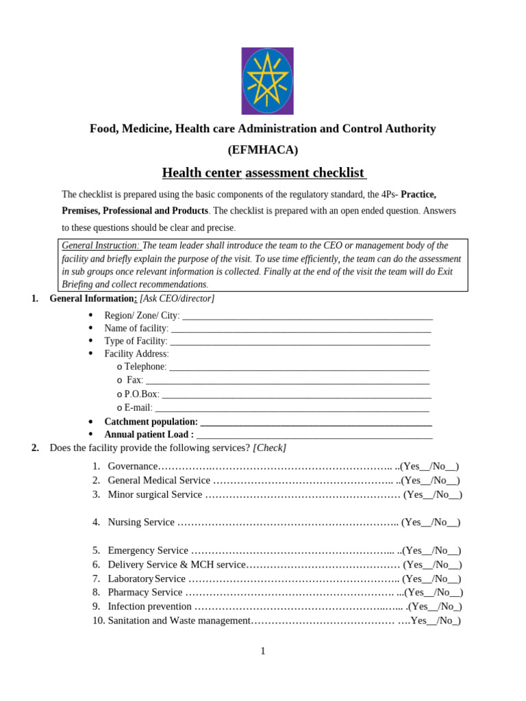 Health Center Assessment Checklist | PDF | Surgery | Pharmacy