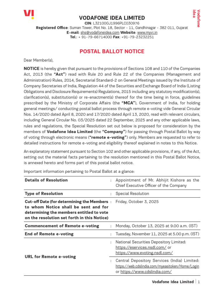 Vodafone Idea CEO Appointment Notice | PDF | Login | Electronic Voting