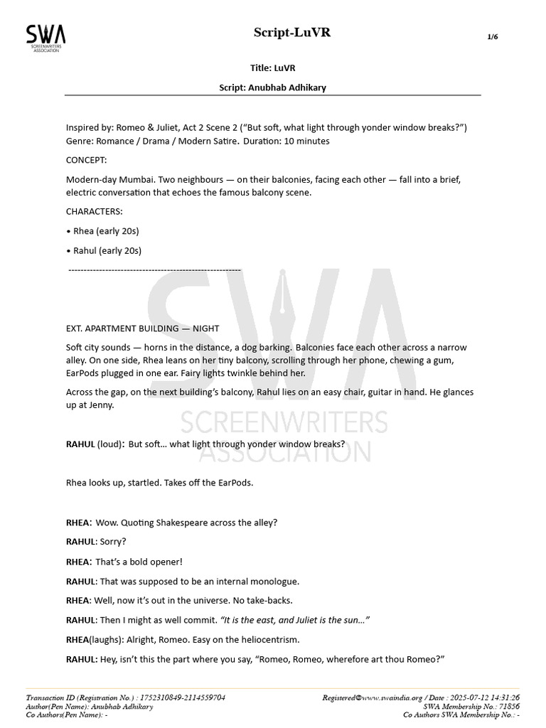 Modern VR Romance: LuVR Script | PDF | Copyright | Derivative Work