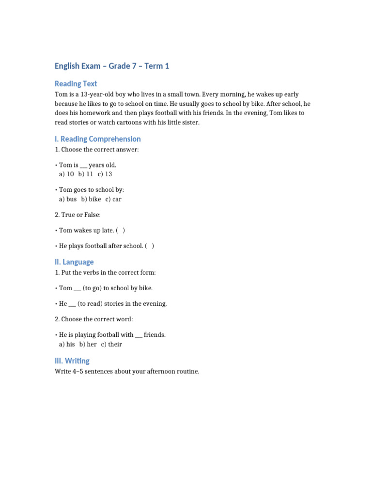 Grade 7 English Exam: Term 1 Review | PDF