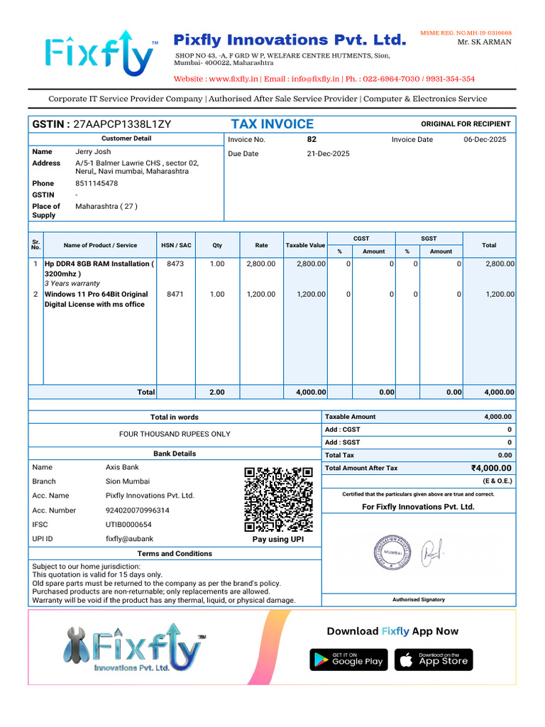 Invoice 82 Jerry Josh 07-55-0 | PDF | Payments | Government Finances