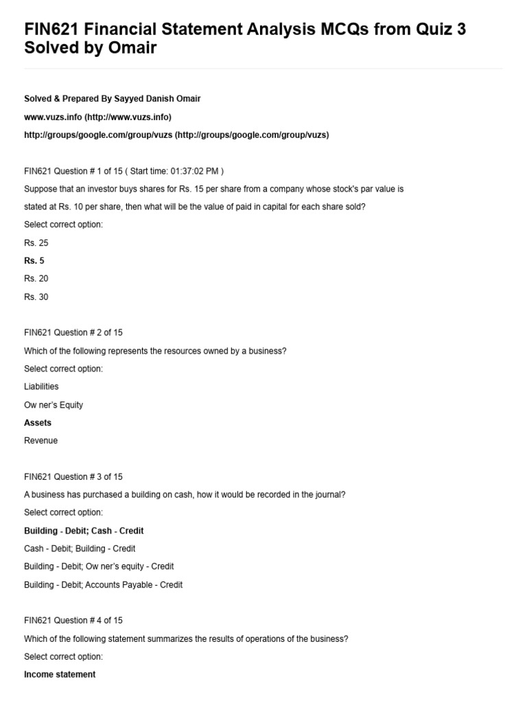 FIN621 Financial Statement Analysis MCQs | PDF | Debits And Credits ...