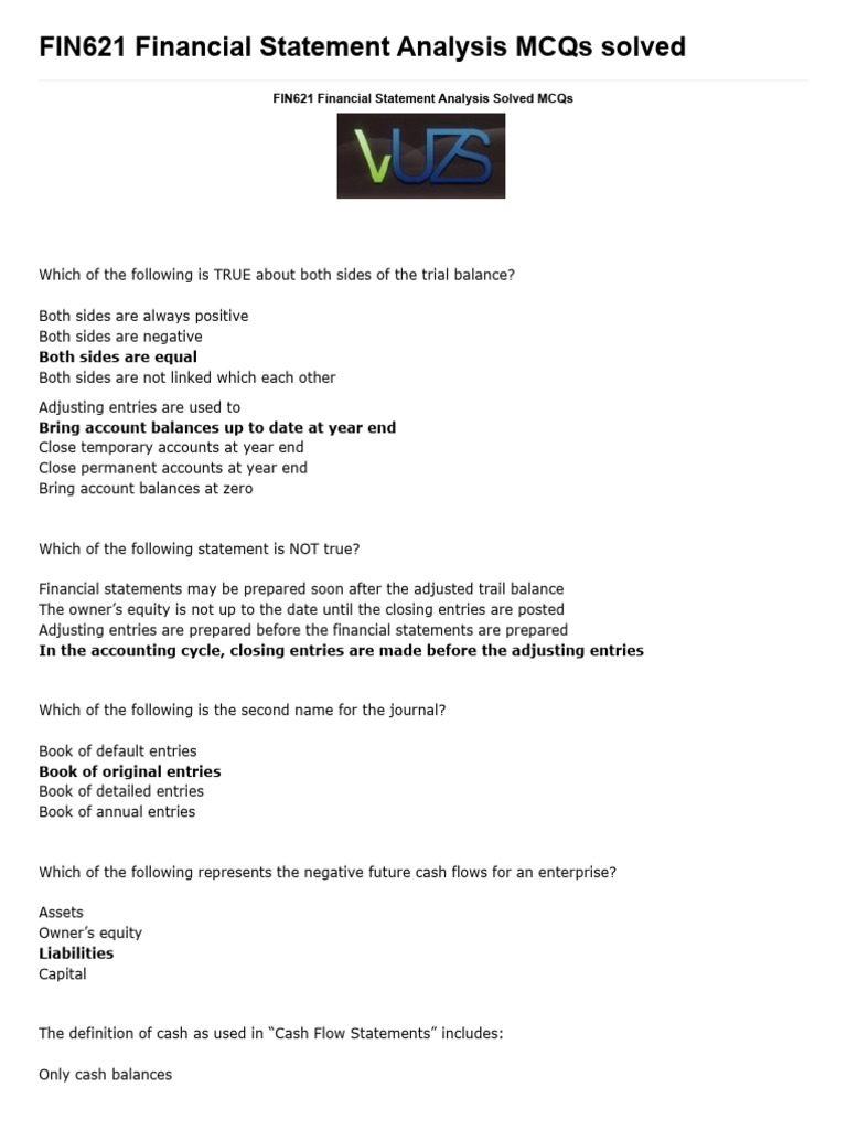 FIN621 Financial Statement Analysis MCQs | PDF | Debits And Credits ...