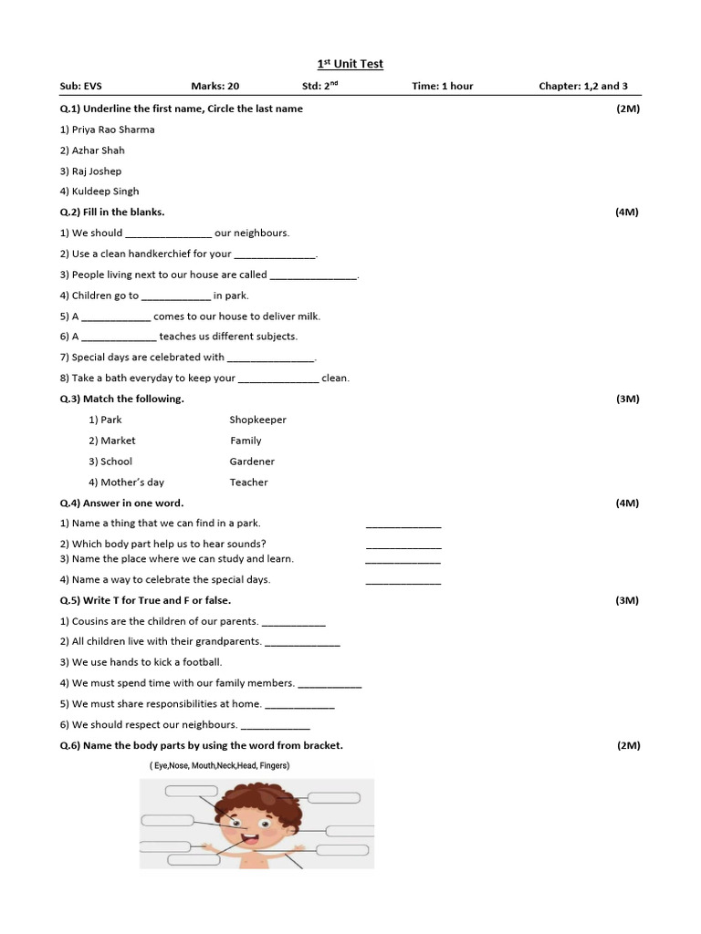 2nd Grade EVS Unit Test Questions | PDF