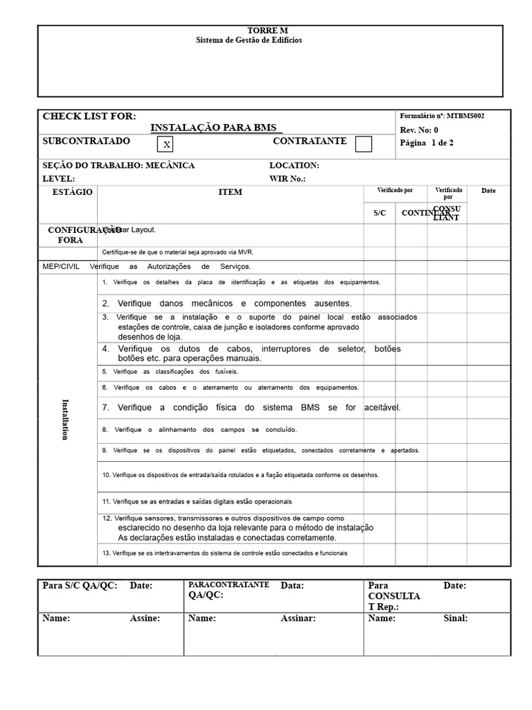 Checklist de Instalação BMS para Subcontratados | PDF