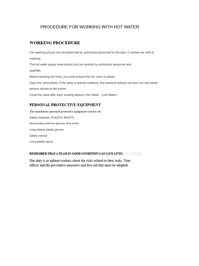 Hot Water Handling Safety Procedures | PDF