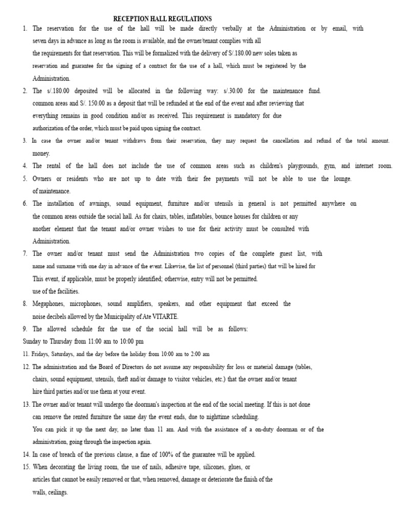 Reception Hall Usage Guidelines | PDF | Adhesive | Fee