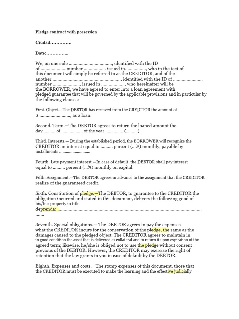 Pledge Loan Agreement Template | PDF | Loans | Guarantee