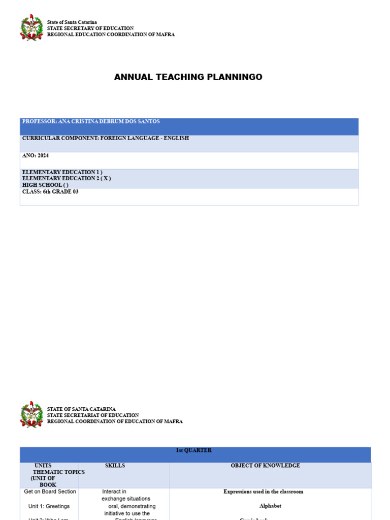 Annual Plan 6th Grade English | PDF | English Language | Word