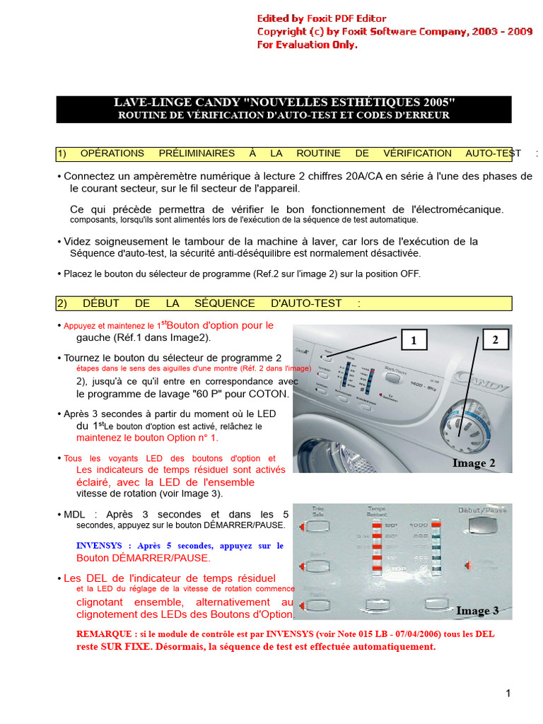 Autotest et codes d'erreur Lavelinge Candy PDF Machine à laver — free download