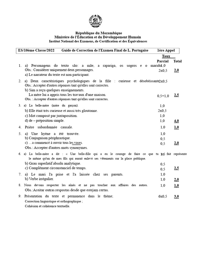Guide de Correction Examen L. Portugaise | PDF | Mécanique du langage ...
