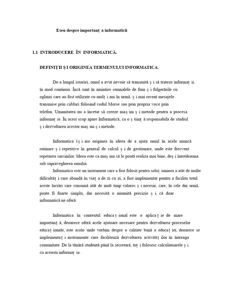 Eseu Despre Importanța Informaticii HERNAN | PDF
