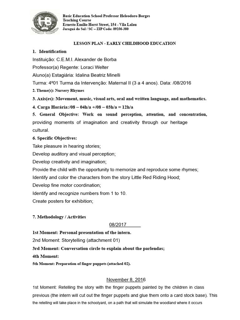 Lesson Plan for Early Childhood Education - Nursery Rhymes | PDF
