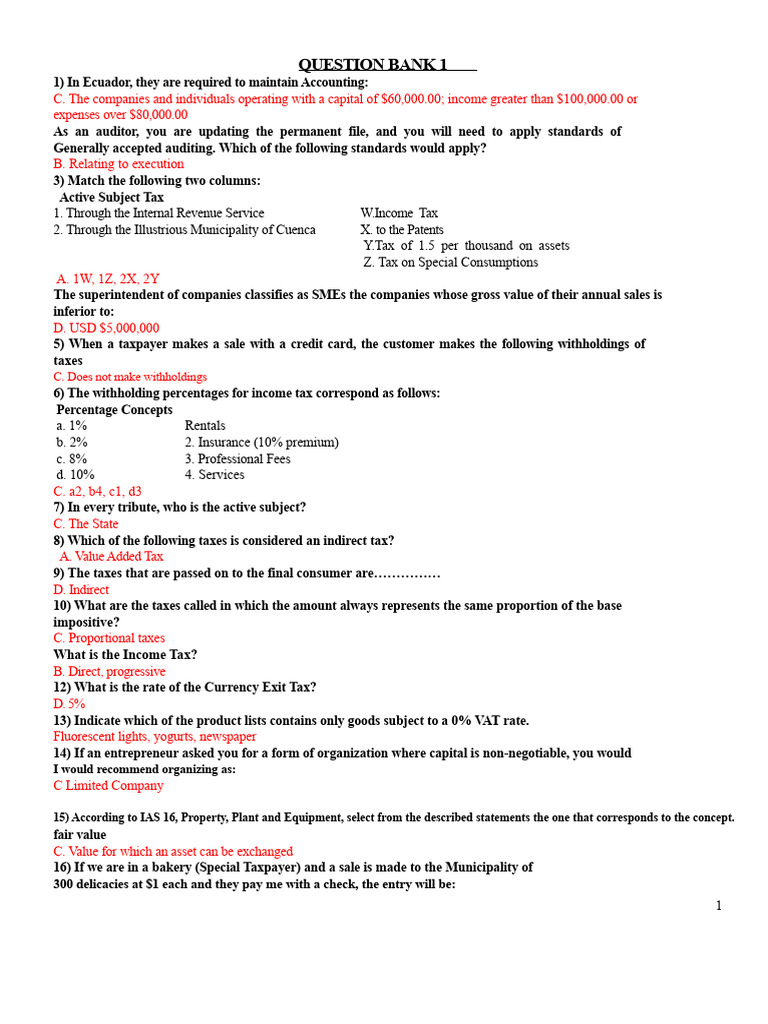 Ecuador Tax and Accounting Question Bank PDF Internal Control Audit