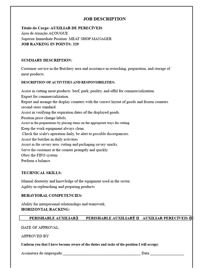 Butchery Assistant Job Description | PDF