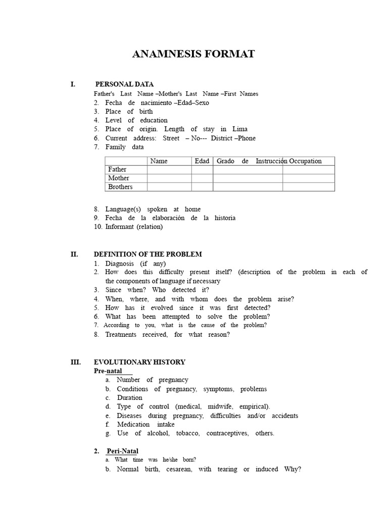 Comprehensive Anamnesis Format Guide | PDF | Intellectual Disability ...