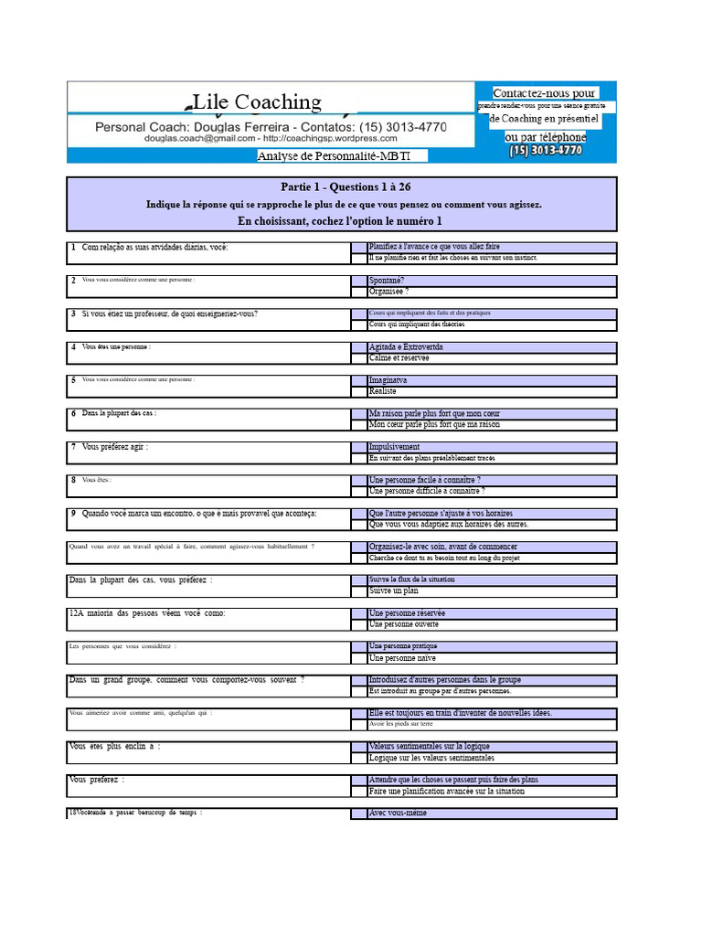 Questionnaire de personnalité MBTI | PDF | Sciences comportementales ...