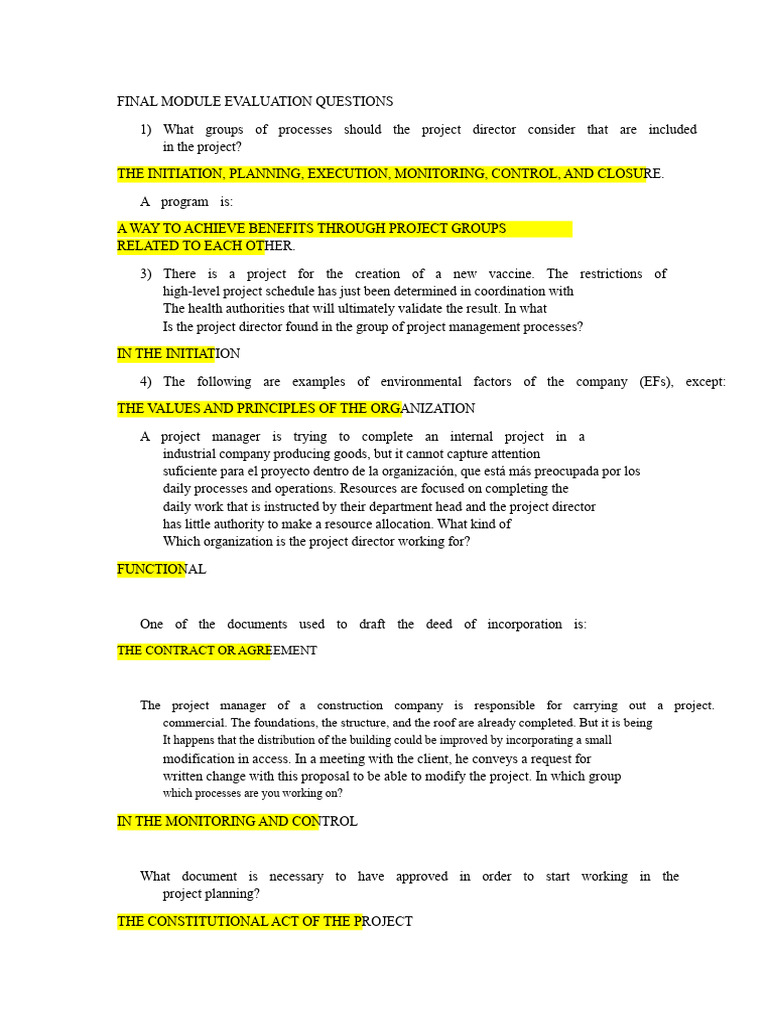 Project Management Evaluation Questions | PDF | Project Management ...