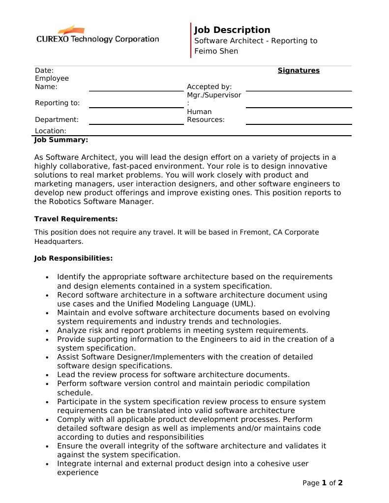 Software Architect Job Description PDF Software Architecture Software