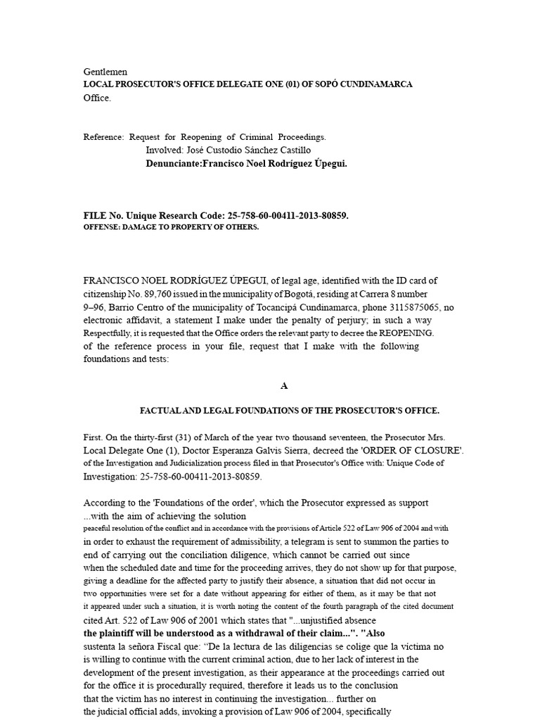 Request For Reopening of Investigation and Judicialization Process by ...