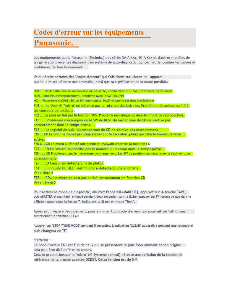 Codes d'erreur des équipements Panasonic PDF Interrupteur Microphone — free download