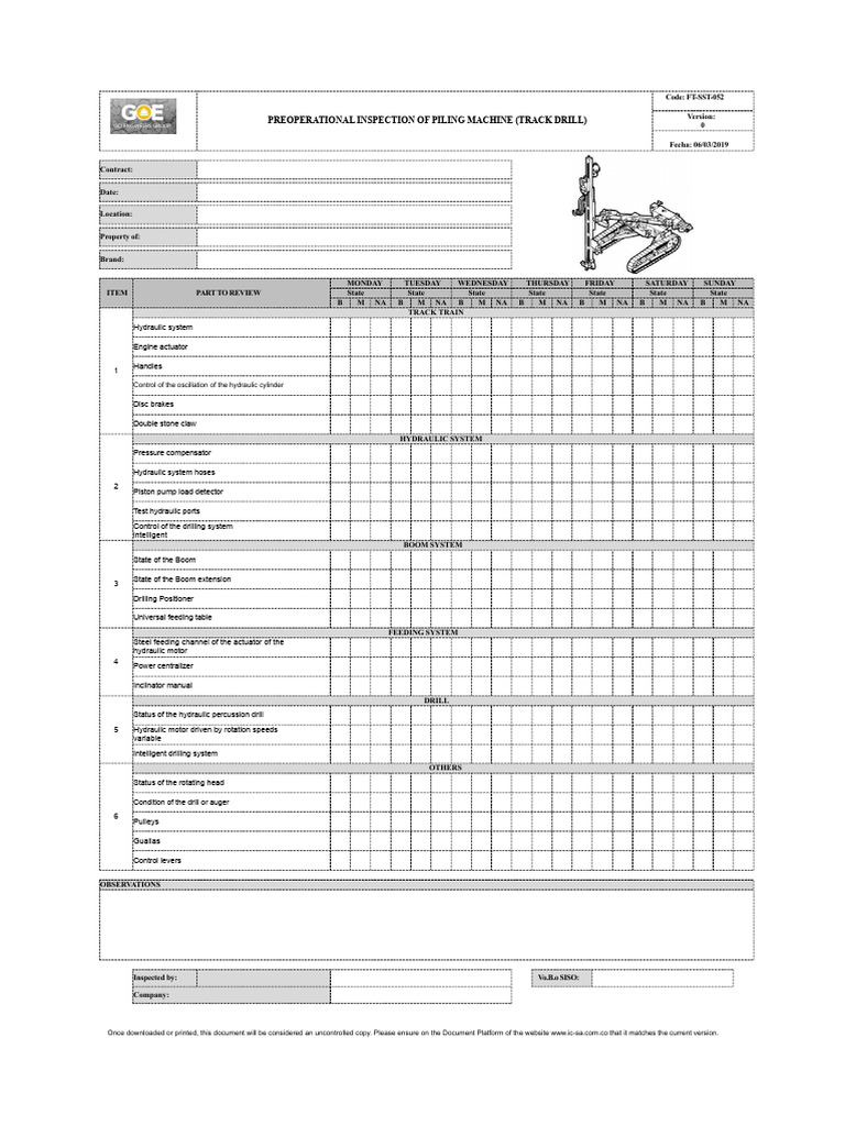 Piling Machine Preoperational Inspection Checklist | PDF | Drill | Machines