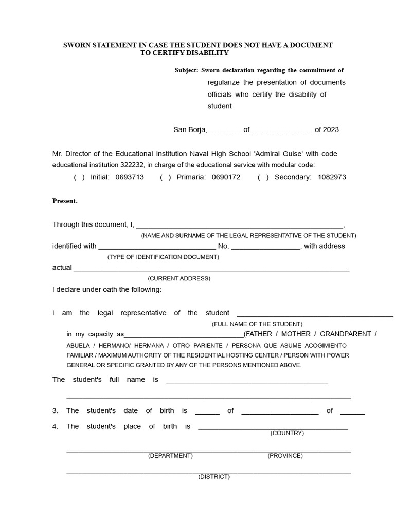 Sworn Statement for Disability Certification | PDF