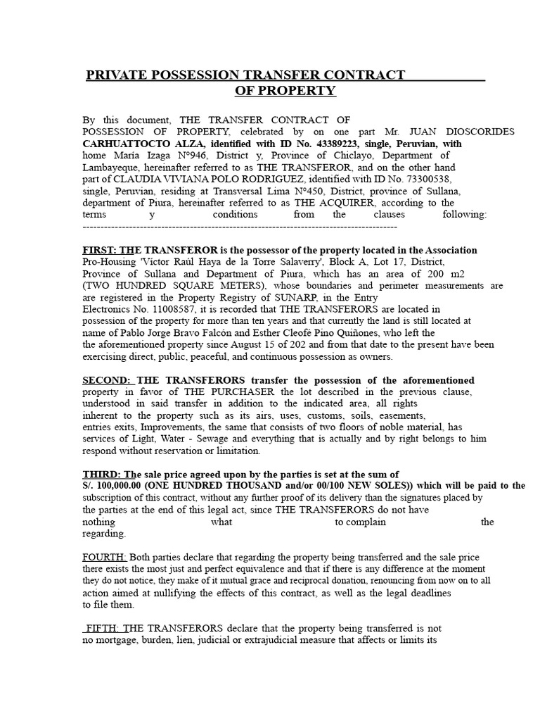 Transfer of Possession of Property Agreement | PDF | Mortgage Law ...