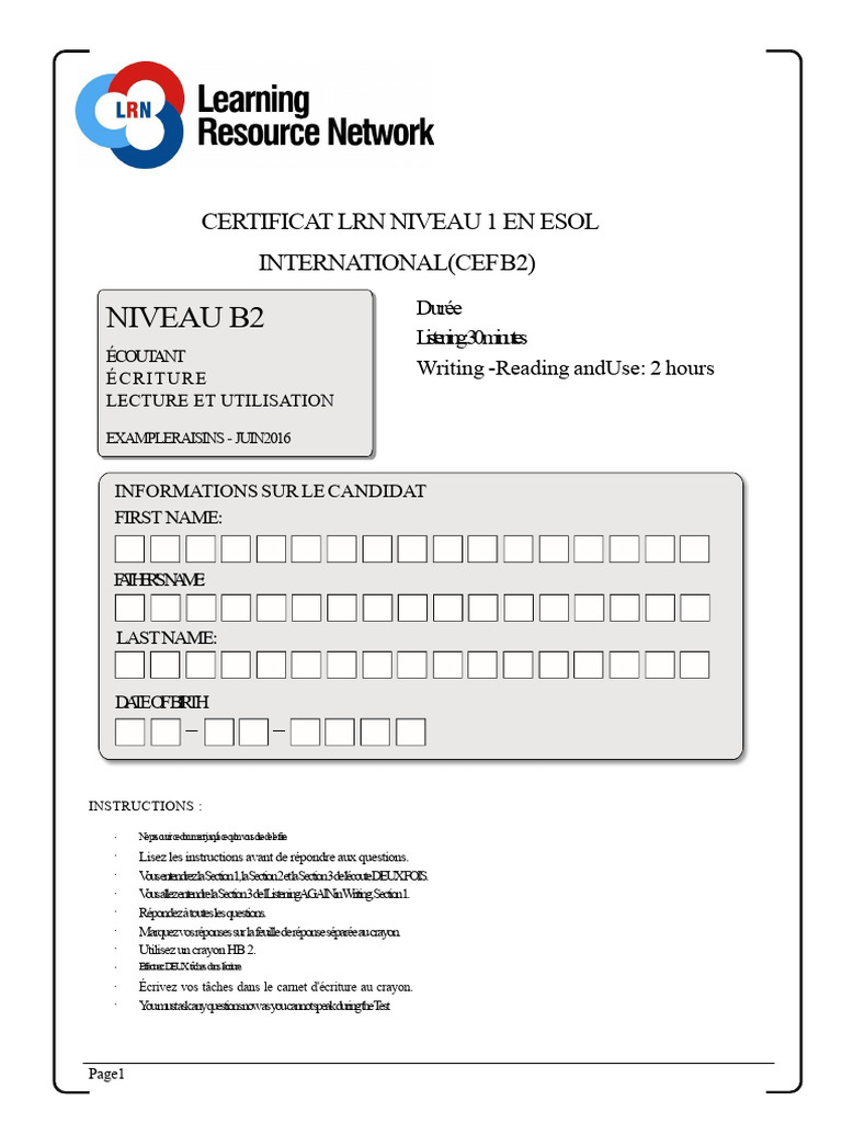Certificat LRN ESOL Niveau 1 CEF B2 | PDF