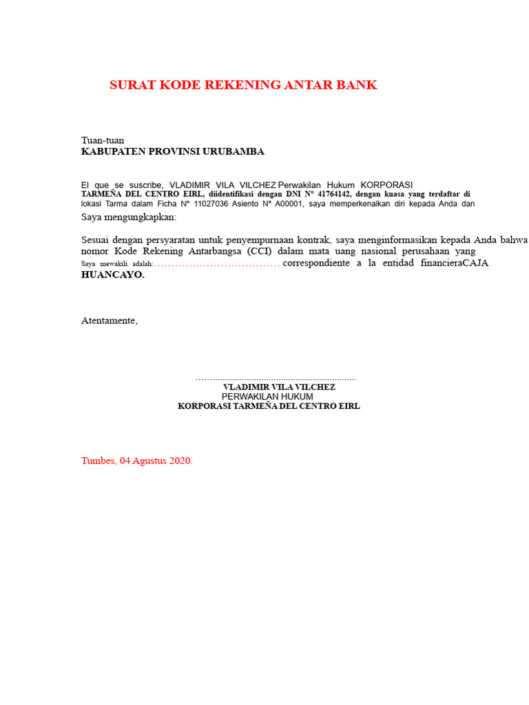 Surat Kode Rekening Antar Bank CCI | PDF