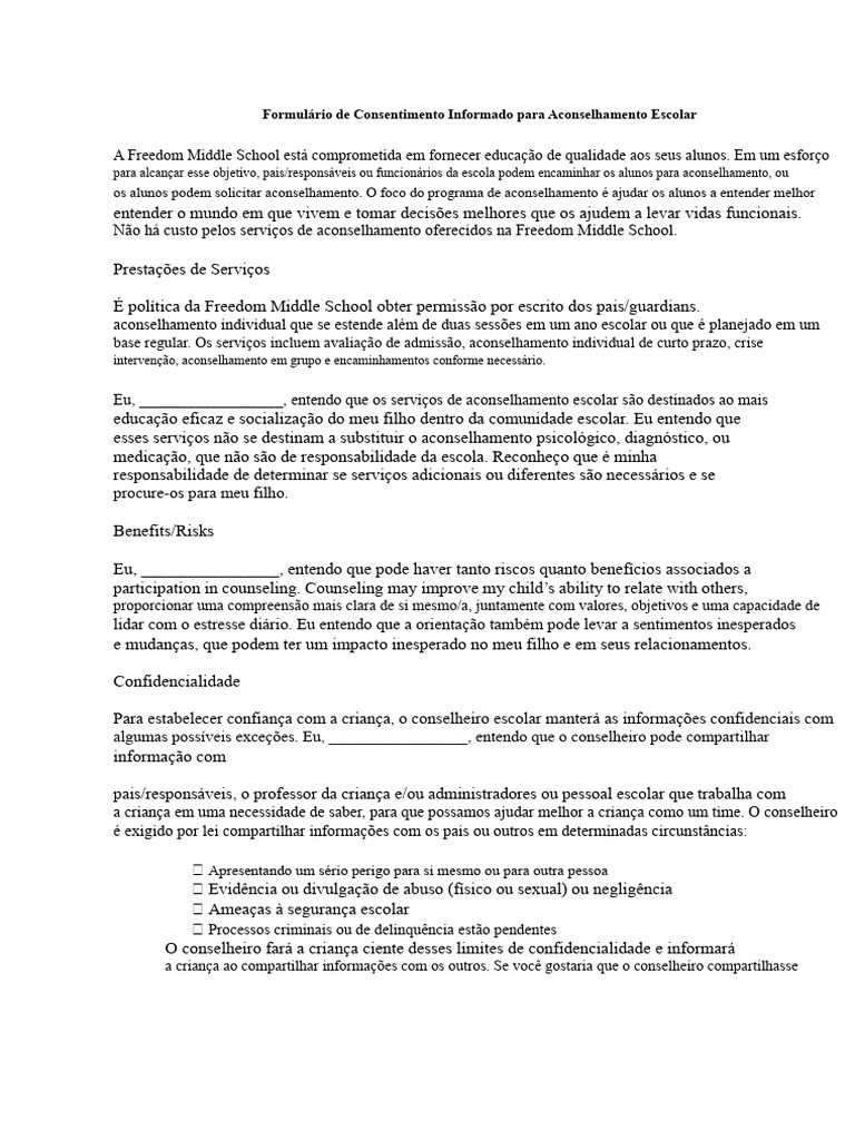 Consentimento para Aconselhamento Escolar | PDF | Consentimento Livre e ...