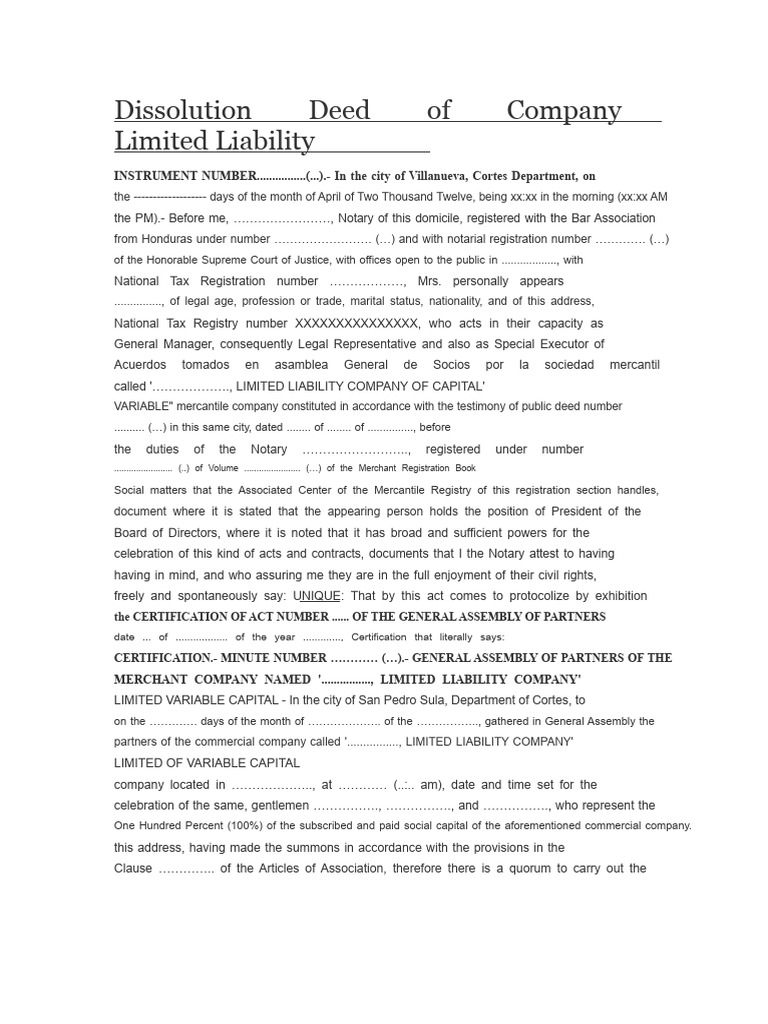 Company Dissolution Deed Template | PDF | Deed | Private Law