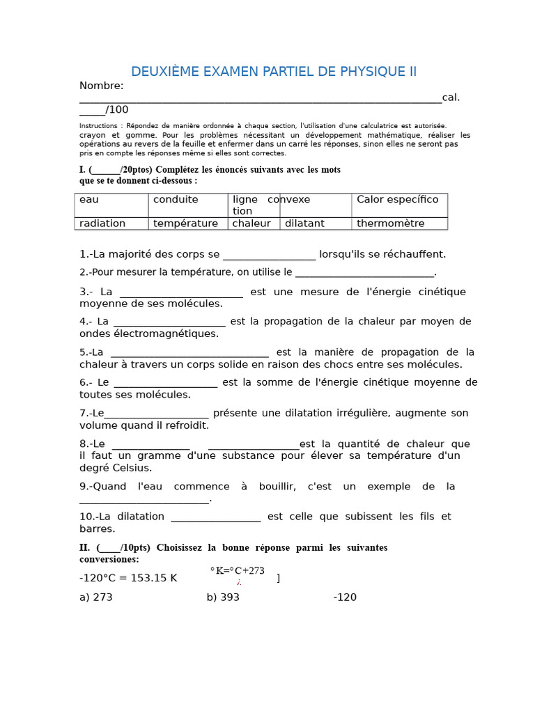 Examen Partiel de Physique II: Questions et Problèmes | PDF | Chaleur ...