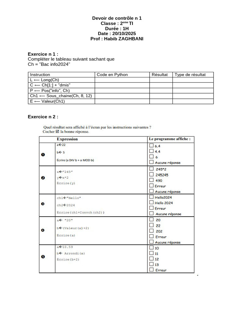 Devoir de contrôle TI : Algorithmes et Python | PDF