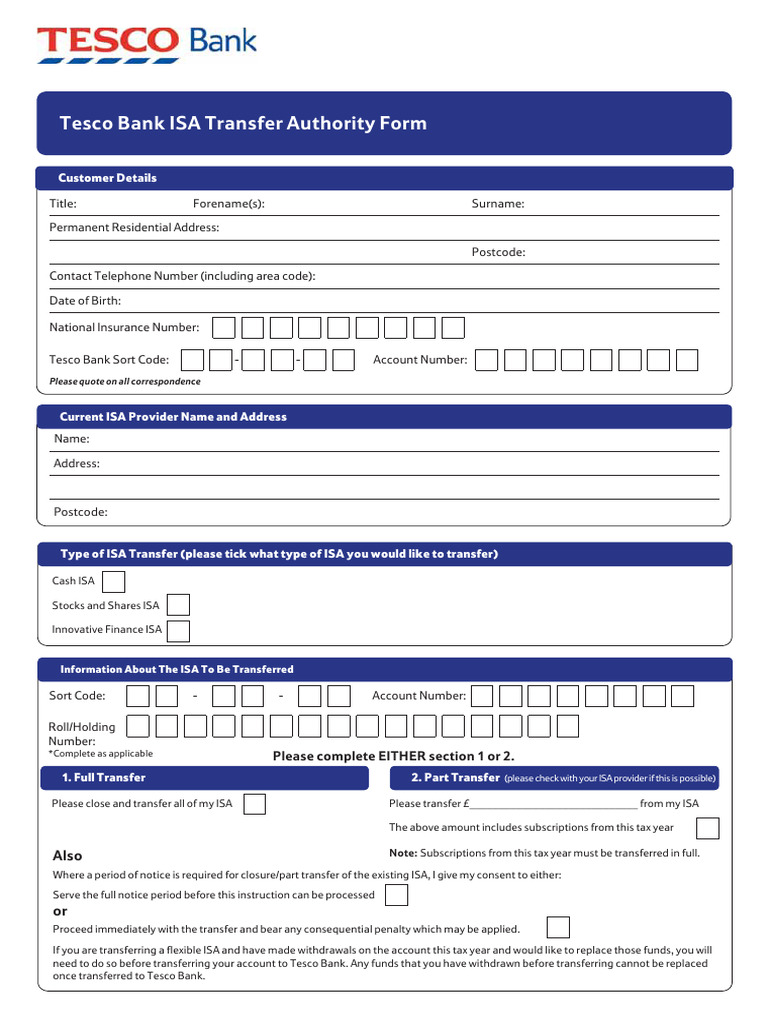 Tesco Bank ISA Transfer Authority Form | PDF | Personal Finance ...