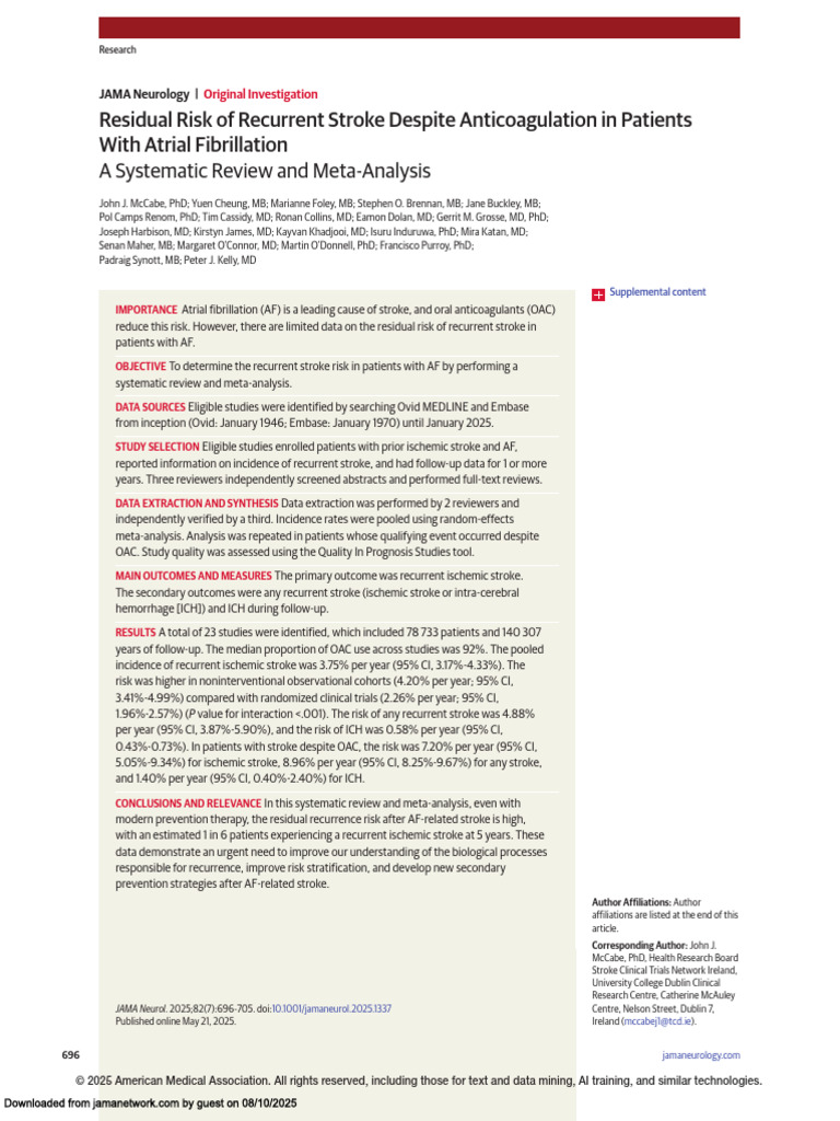 Recurrent Stroke Risk in Atrial Fibrillation | PDF | Stroke | Meta Analysis