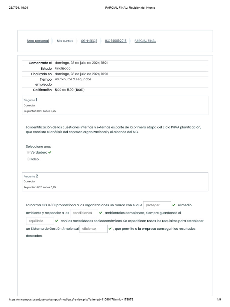 Resultados del Parcial ISO 14001:2015 | PDF | Gestión de la calidad ...