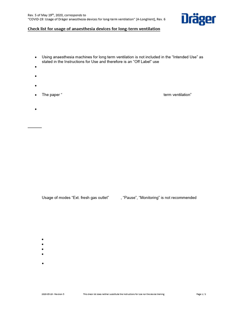 Checklist Anaesthesia Devices for Long Term Ventilation | PDF ...