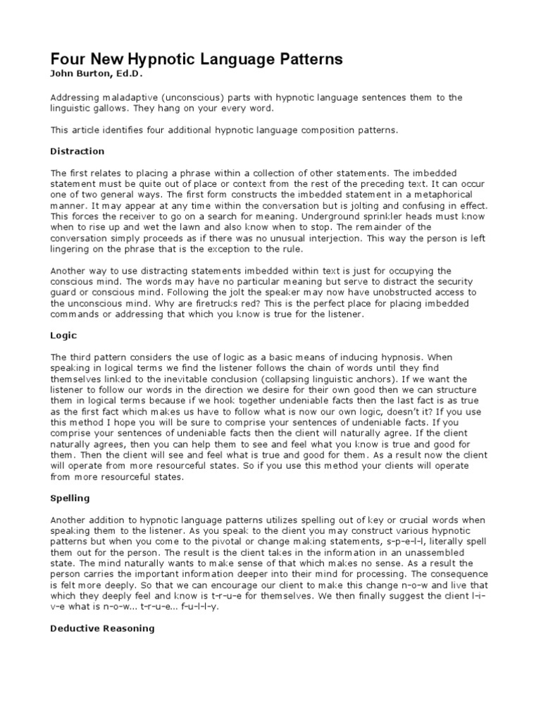 Four New Hypnotic Language Patterns | PDF | Career & Growth | Science ...