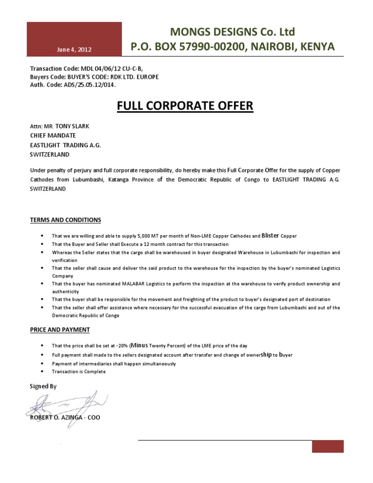 Full Corporate Offer for Copper Supply | PDF