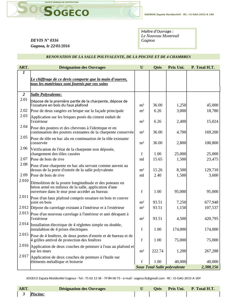 Devis pour rénovation à Gagnoa | PDF | Génie du bâtiment | Matériaux de ...