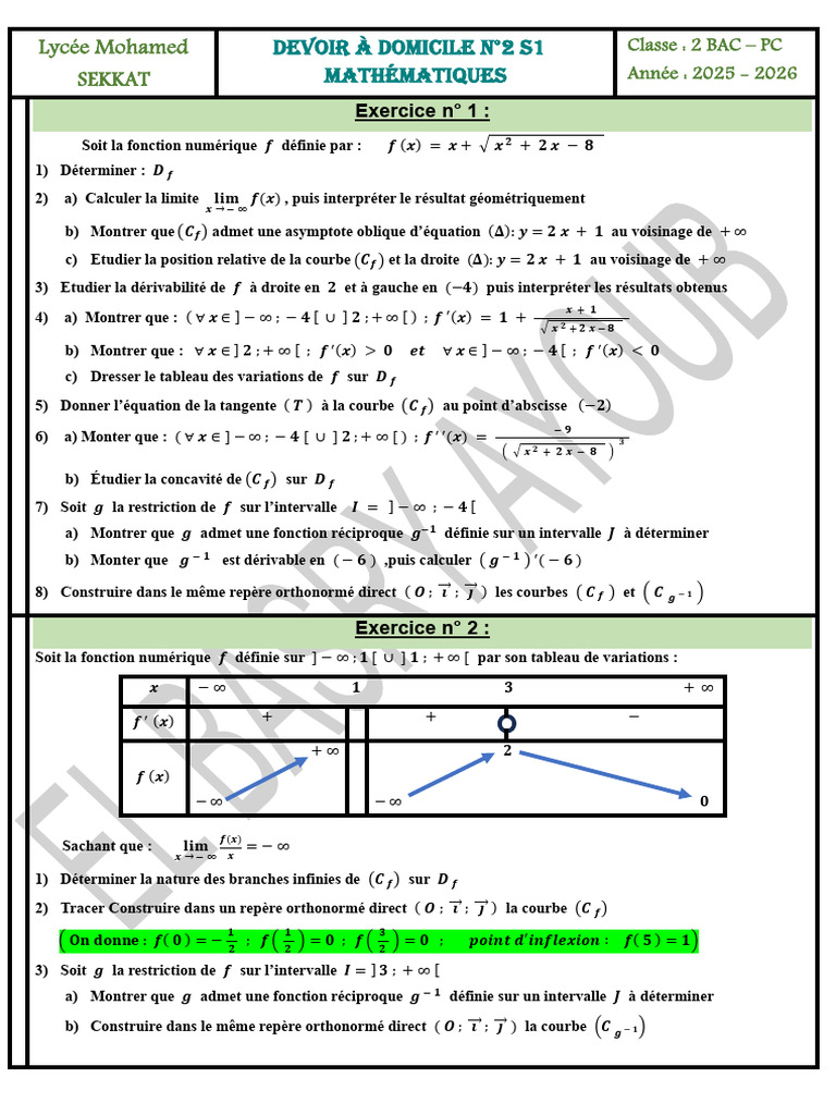 Devoir de Mathématiques 2 BAC PC 2025-2026 | PDF | Analyse mathématique ...
