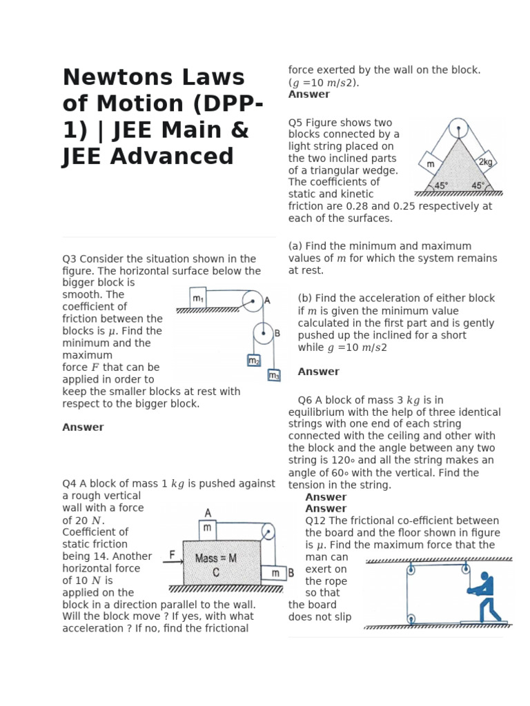 JEE Physics: Newton's Laws Practice Problems | PDF | Force | Friction