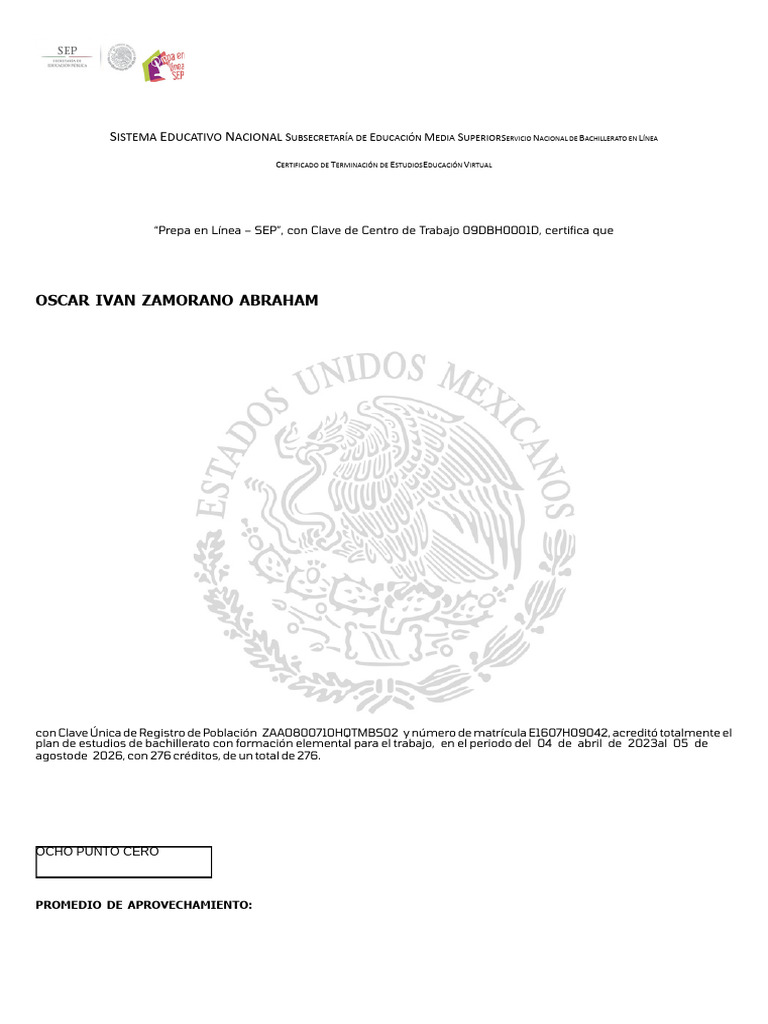 Certificado de Bachillerato en Línea SEP | PDF
